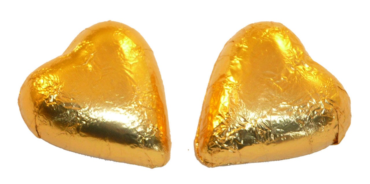 Chocolate Gems Individual Chocolate Gems - Chocolate Hearts - Gold Foil (1kg bag / approx 125 pieces) TPFS2096 Chocolate Gems - Chocolate Hearts - Gold Foil (1kg bag / approx 125 pieces)