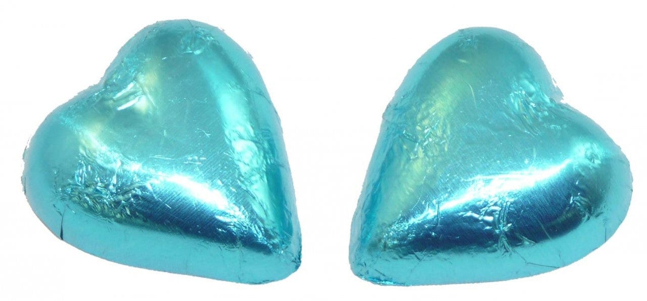 Chocolate Gems Individual Chocolate Gems - Chocolate Hearts - Light Blue Foil (1kg bag / approx 125 pieces) TPFS2136 Chocolate Gems - Chocolate Hearts - Light Blue Foil (1kg bag / approx 125 pieces)