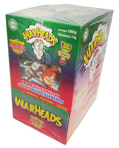 Warheads Individual Warheads Super Sour Bubble Gum Pops (100 x 19g lollipops in a display box) 8411402093453 TPFS7710 Warheads Super Sour Bubble Gum Pops (100 x 19g lollipops in a display box)