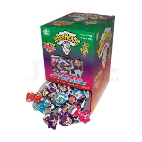 Warheads Individual Warheads Super Sour Bubble Gum Pops 19g (100 Pack) JBMWSSBGP Warheads Super Sour Bubble Gum Pops 19g (100 Pack)