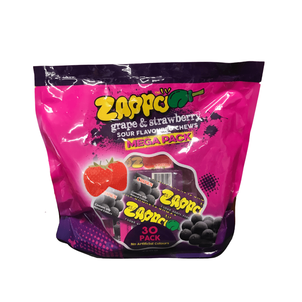 Zappo Zappo Mega Pack 30 Pieces 780g includes zappo's most popular strawberry and grape flavour. Zappo Mega Pack 30 Pieces 780g includes zappo's most popular strawberry and grape flavour.