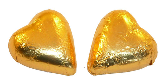 Chocolate Gems Individual Chocolate Gems - Chocolate Hearts - Gold Foil (1kg bag / approx 125 pieces) TPFS2096 Chocolate Gems - Chocolate Hearts - Gold Foil (1kg bag / approx 125 pieces)