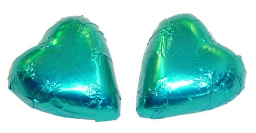 Chocolate Gems Individual Chocolate Gems - Chocolate Hearts - Teal Foil (1kg bag / approx 125 pieces) TPFS2116 Chocolate Gems - Chocolate Hearts - Teal Foil (1kg bag / approx 125 pieces)