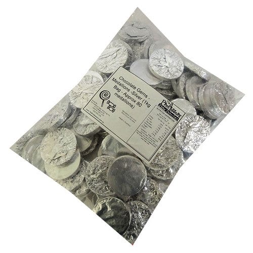 Melindas Individual Chocolate Gems - Medallions -Silver (1kg Bag - Approx 80 medallions) 9340761022417 TPFS12357 Chocolate Gems - Medallions -Silver (1kg Bag - Approx 80 medallions)